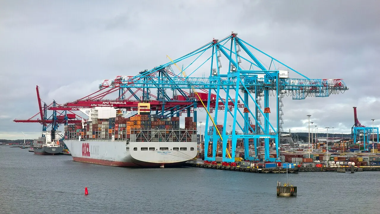 Container ship berthed beneath gantry cranes