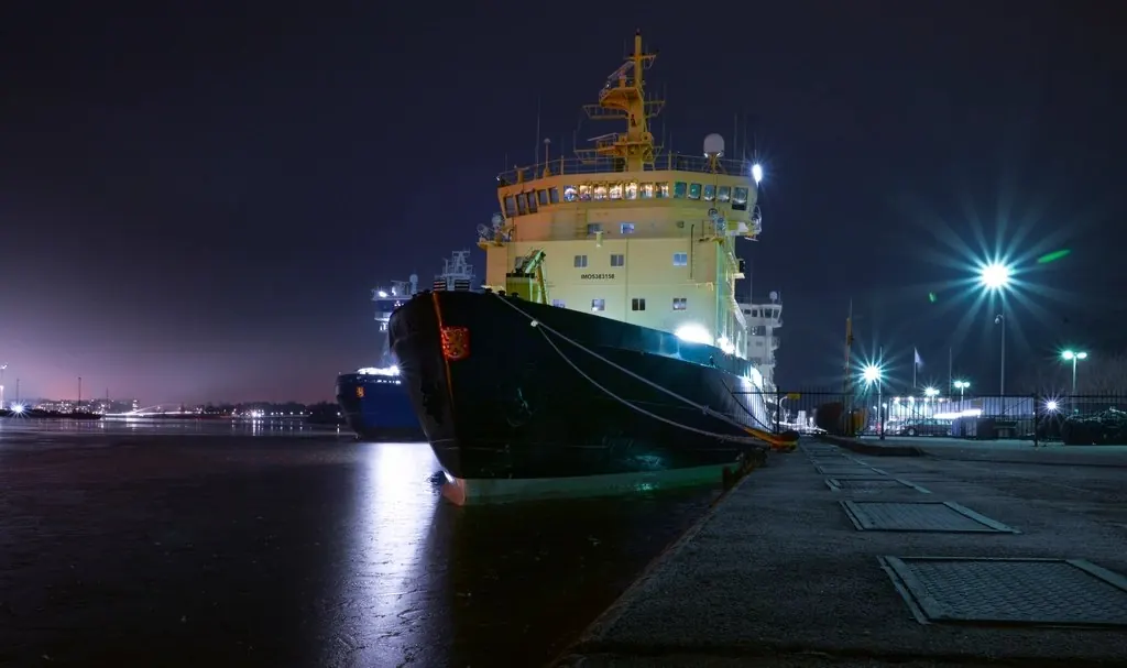 Ship moored at night